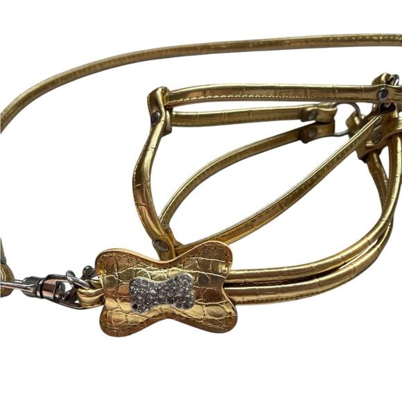Gold Dog Harness and Build in Leash with Rhinestone Bone Charm - Picture 3 of 3